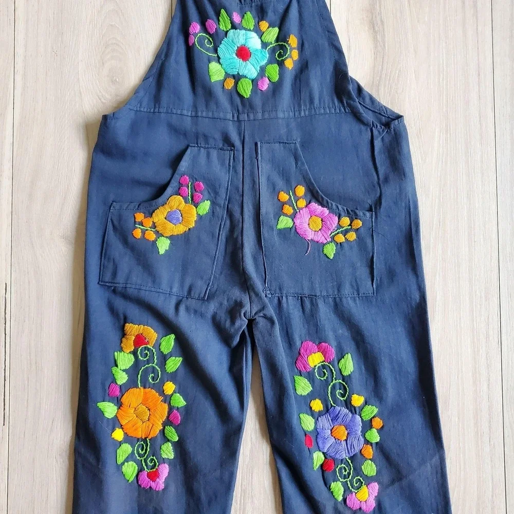 Mexico Artesanal Overalls Girls 6 Blue Floral Embroidered Halter Tie One Piece